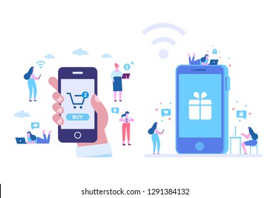 Online Shopping vector set. Different People do mobile shopping. Human hand using mobile phone for purchase. Flat Vector cartoon illustration