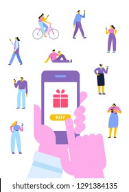 Online Shopping vector set. Different People do mobile shopping. Human hand using mobile phone for purchase. Flat Vector cartoon illustration