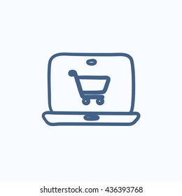 Icono de esbozo de vector de compra en línea aislado en segundo plano. Dibujo mano Icono de compras en línea. Icono de esbozo de compra en línea para infografía, sitio web o aplicación.