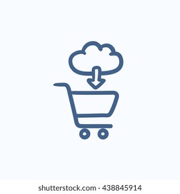 Icono de esbozo de vector de compra en línea aislado en segundo plano. Dibujo mano Icono de compras en línea. Icono de esbozo de compra en línea para infografía, sitio web o aplicación.