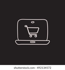Icono de esbozo de vector de compra en línea aislado en segundo plano. Dibujo mano Icono de compras en línea. Icono de esbozo de compra en línea para infografía, sitio web o aplicación.