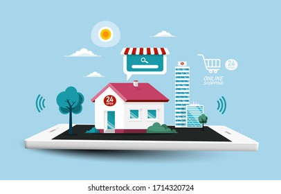 Online Shopping Vector Symbol with Houses in City on Mobile Phone. Virtual Shopping Center Cartoon.