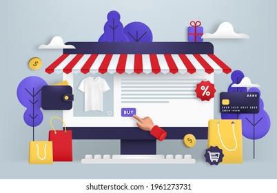 Online shopping vector trendy 3D illustration. 