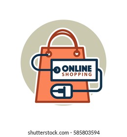 Online shopping vector web icon of bag and computer mouse