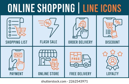 Online Shopping vectors icon illustration for mobile app for Shopping List, Order Delivery, Flash Sale, Discount, Payment, Online Store, Free Delivery And Customer Loyalty