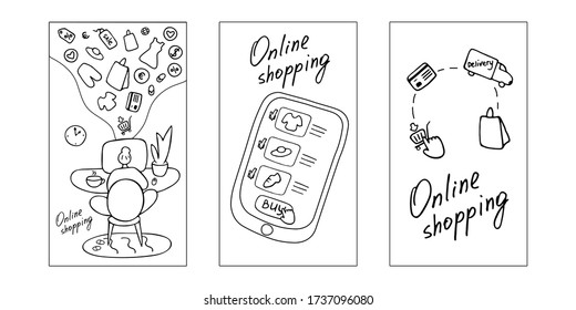 Online shopping. Vertical banner bundle. Shopping at home, e-commerce concept. Doodle vector illustration