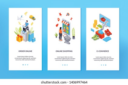 Online shopping vertical banners with people ordering goods online by internet isometric vector illustration