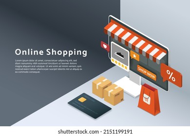 Online shopping via computer monitor, online store discount, paper bags, parcel box, credit card, on white gray background. 3d isometric vector illustration