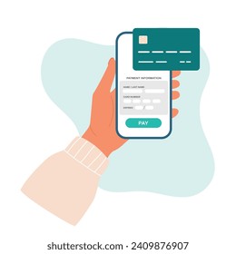 Online shopping via credit or debit card. Female hand holds smartphone with card information payment. Vector
