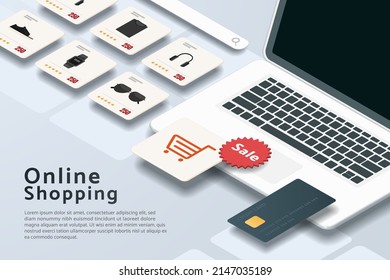 Online shopping via laptop, credit card, icon shopping cart and shopping product with new items on white gray background. isometric vector illustration