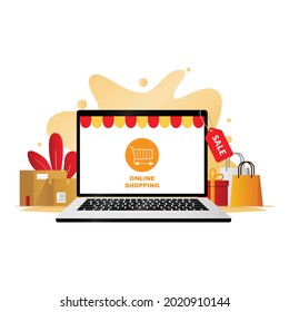 Online shopping via laptop, digital marketing, store, e-commerce shopping concept.