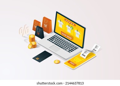 Online shopping via laptop, paper bags, Paying via credit card via mobile and receipt in front of smartphone on  white background. isometric vector illustration.