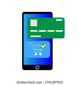 Online shopping via phone, button to buy, vector illustration.