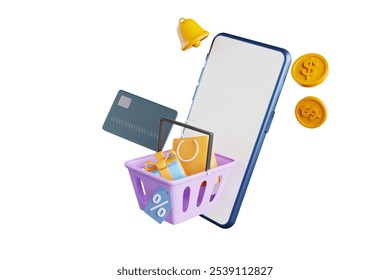 Online shopping via phone, gift box and shopping bag in basket coming out of phone, online shopping concept, 3d rendering