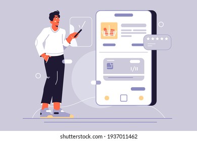 Online shopping via phone vector illustration. Guy doing food shopping using smartphone flat style. Add product to basket. Technology, online service concept. Isolated on grey background