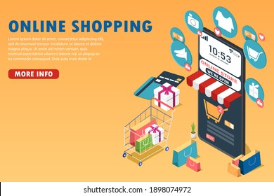 Online shopping via smartphone application, e-commerce vector design, 