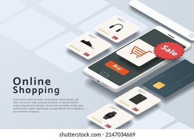 Online shopping via smartphone, credit card, icon shopping cart and shopping product with new items on white gray background. isometric vector illustration