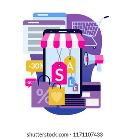 Online shopping via smartphone. Mobile marketing, e-commerce and advertisement concept in flat style. Vector illustration