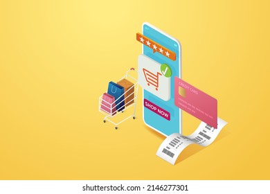 Online shopping via smartphone, paper bags on cart, credit card and receipt in front of mobile phone on  yellow background. isometric vector illustration.