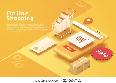 Online shopping via smartphone, paper bags on cart, parcel box, credit card, icon shopping cart , shop 24 hours and mobile on yellow background. isometric vector illustration