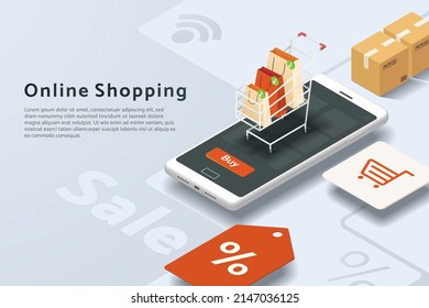 Online shopping via smartphone, paper bags on cart, parcel box, credit card, icon shopping cart , mobile  on white gray background. isometric vector illustration