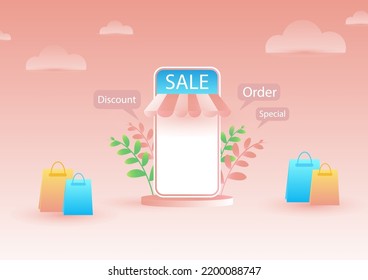 online shopping via smartphone Retailers can use the internet to present their products on their customers' phones. Isolated 3D vector on pastel pink background.
