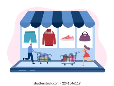 Online shopping via website or smartphone app concept vector illustration. Online store advertisement. Discount shop.