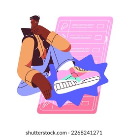Compras en línea, concepto de salón virtual. Hombre negro, elección del cliente, compra zapatos, zapatillas de deporte en tienda de Internet en teléfono móvil, smartphone. Ilustración vectorial plana aislada en fondo blanco