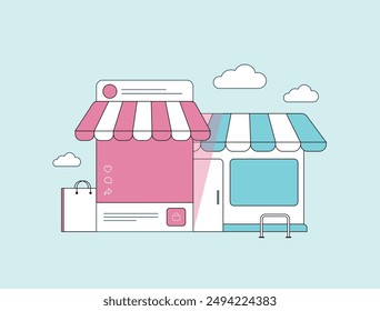 Online shopping vs offline store compares e-commerce convenience and variety with physical retail in-person experience. Traditional shop mall building and e-commerce mobile social shopping store app