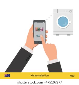 Online shopping for washing machine. Australian Dollar banknote. E-commerce platform concept vector illustration.