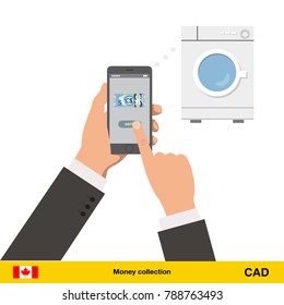 Online shopping for washing machine. Canadian dollar banknote. E-commerce platform concept vector illustration.