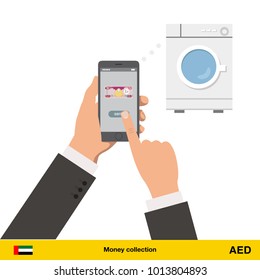 Online shopping for washing machine. Dirham banknote. E-commerce platform concept vector illustration.
