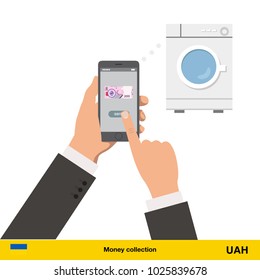 Online shopping for washing machine.  hryvnia banknote. E-commerce platform concept vector illustration.