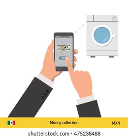 Online shopping for washing machine. Mexican Peso banknote. E-commerce platform concept vector illustration.