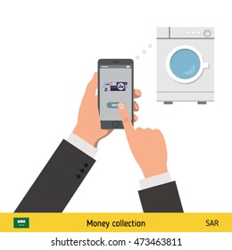 Online shopping for washing machine. Saudi Arabian riyal banknote. E-commerce platform concept vector illustration.