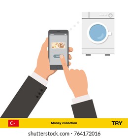 Online shopping for washing machine. turkey lira  banknote. E-commerce platform concept vector illustration.
