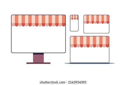 Online-Shopping-Web-Applikation Internet Business e-Commerce Digital-Marketing-Konzept und Geräte Bildschirme flach Vektorgrafik.