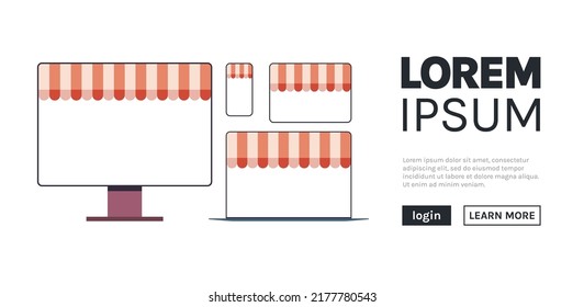 Online shopping web application internet business e-commerce digital marketing concept and devices screens flat vector illustration.