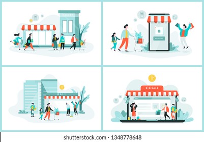 Online shopping web banner concept set. Customer service and delivery, tracking and purchase. Isolated flat vector illustration