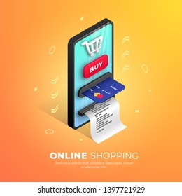 Online shopping web banner concept. Online internet store Isometric design template with smartphone integrated ATM, shopping cart, button bye, credit card, receipt. E-commerce vector illustration