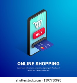 Online shopping web banner concept with text. Online internet store Isometric design template with smartphone integrated ATM, shopping cart, button bye, credit card. E-commerce vector illustration