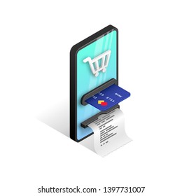 Online shopping web banner concept isolated on white. Online internet store Isometric template with smartphone integrated ATM, shopping cart, credit card, receipt. E-commerce vector illustration