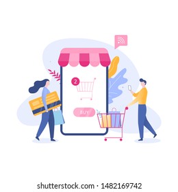 Online shopping web banner concept. E-commerce, customer on the sale. App on mobile phone. Isolated vector illustration in flat style