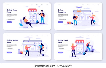 Online shopping web banner concept set. E-commerce, customer on the sale. App on mobile phone. Book, beauty and food store. Isolated vector illustration in flat style