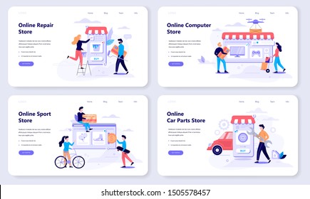 Online shopping web banner concept set. E-commerce, customer on the sale. App on mobile phone. Computer, sport and car store. Isolated vector illustration in flat style