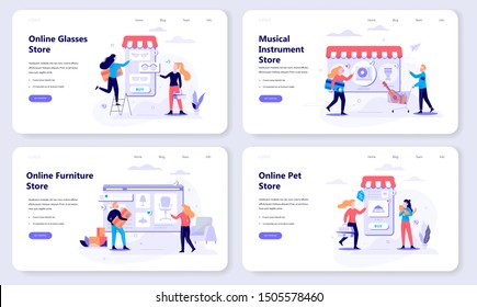 Online shopping web banner concept set. E-commerce, customer on the sale. App on mobile phone. Music, furniture and pet store. Isolated vector illustration in flat style