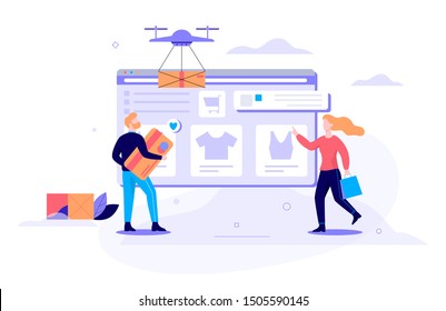 Online shopping web banner concept. E-commerce, customer on the sale choosing dress. Web page design. Internet marketing. Isolated vector illustration in flat style