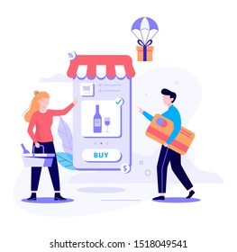 Online shopping web banner concept. E-commerce, customer on the sale. App on mobile phone. Alcohol store. Isolated vector illustration in flat style