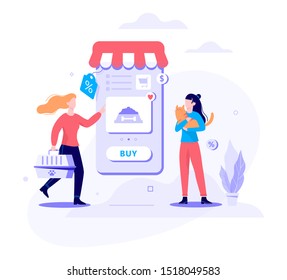Online shopping web banner concept. E-commerce, customer on the sale. App on mobile phone. Pet store. Isolated vector illustration in flat style