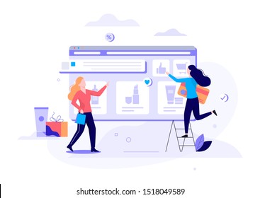 Online shopping web banner concept. E-commerce, customer on the sale. App on mobile phone. Cosmetics store. Isolated vector illustration in flat style